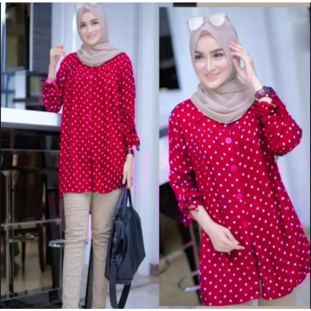 Tunik Polkadot Jumbo Tunik Murah Tunik Terbaru Tunik Import Baju Muslim Panjang Katun Rayon Termurah