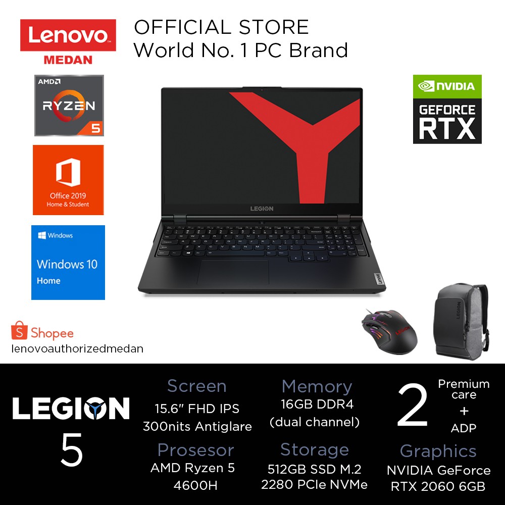 Lenovo Legion 5 15ARH05H A5ID, Amd R5-4600H/16GB(2x8)/512GB/RTX2060 6GB/W10+OHS/15.6”FHD IPS + Mouse