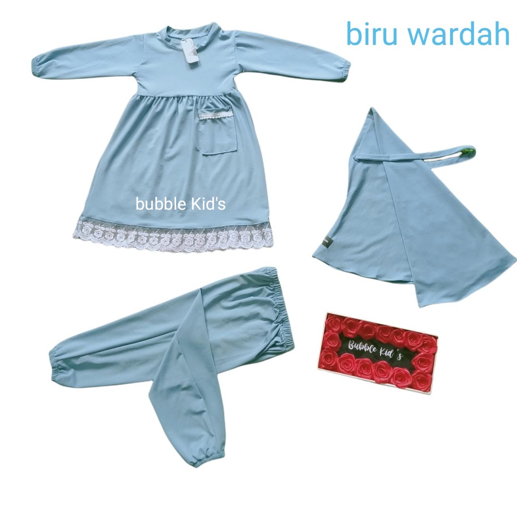 Setelan Gamis Hijab Alena Pakaian Anak Perempuan Bayi Anak Balita Fashion Muslim Katun Polos Renda 0-2,5 Tahun