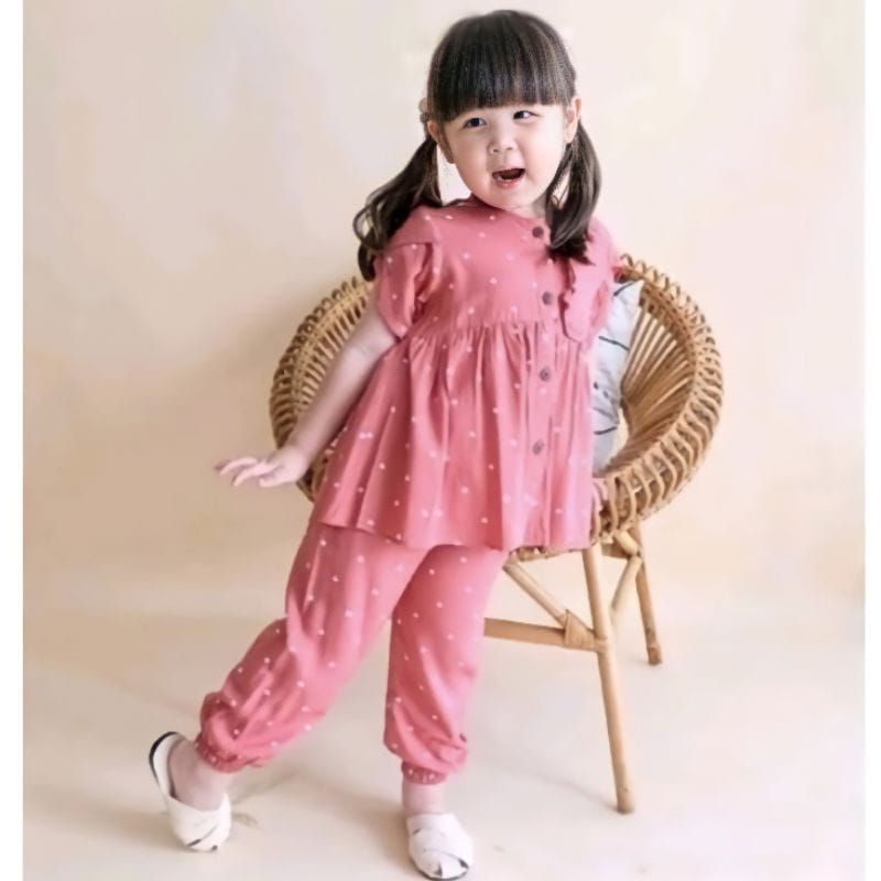 Set Setelan Rayon Anak Perempuan Cewek Lengan Pendek Mybee Kymberli Usia 1 - 4 Tahun