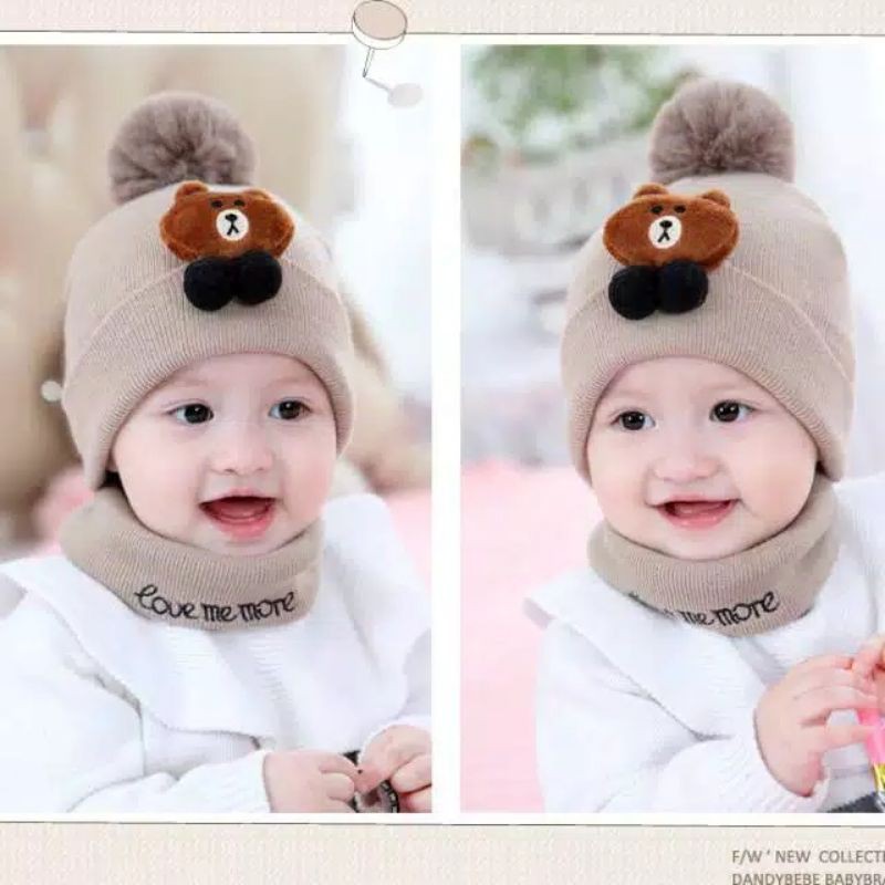 TOPI RAJUT KUPLUK BAYI TELINGA MOTIF BERUANG/ BROWN