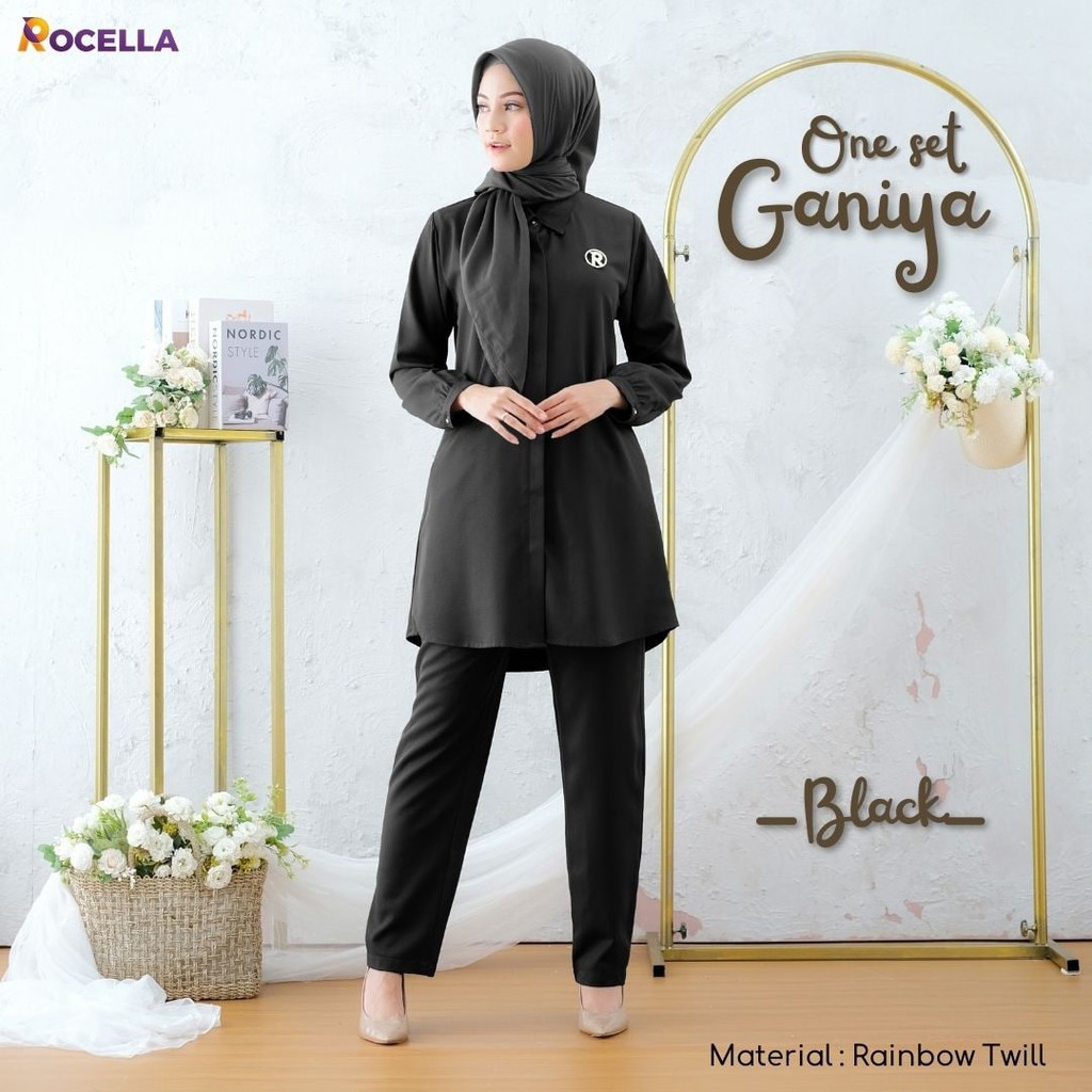 Rocella One Set Baju Wanita Muslimah - Baju Atasan dan Celana Santai Kerja Bepergian Casual BISA COD #oneset #setelan #bajuwanita-Hitam