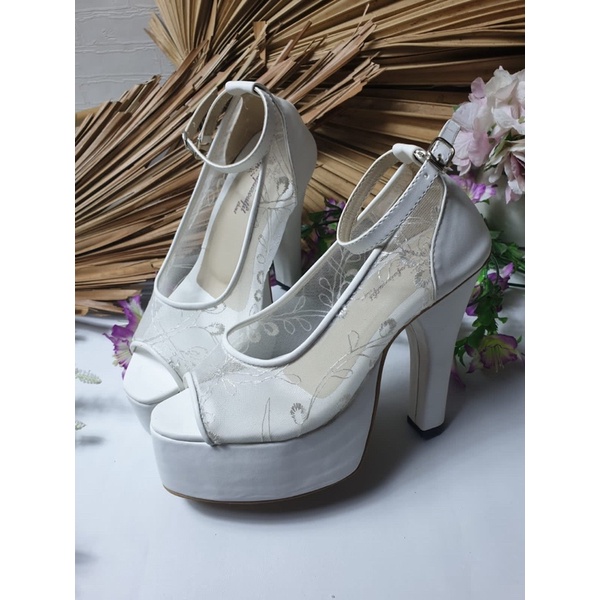 sepatu wedding putih tali lace bunga tinggi 12cm