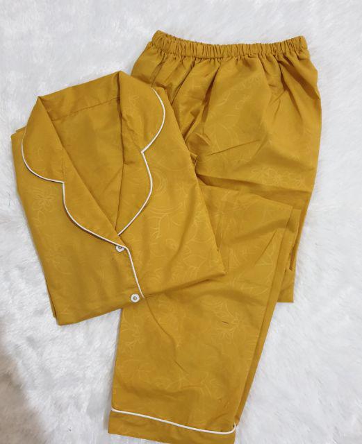 Baju Tidur Piyama Pajamas Wanita/Cewek Satin Silky Velvet Cantik Simple Wanita Dewasa Full Kancing-CP EMBOS MUSTARD