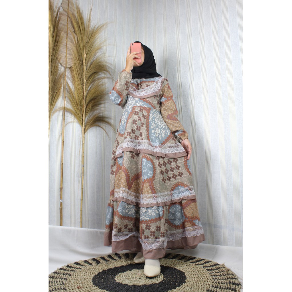 Dress wolfis MOTIF printing MONALISA sultan renda serut terbaru