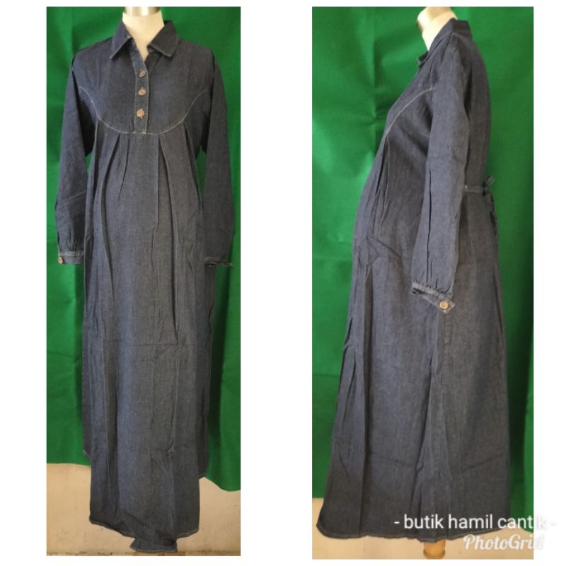 gamis hamil menyusui jeans denim soft jean biru tua biru muda dress panjang kode 1995