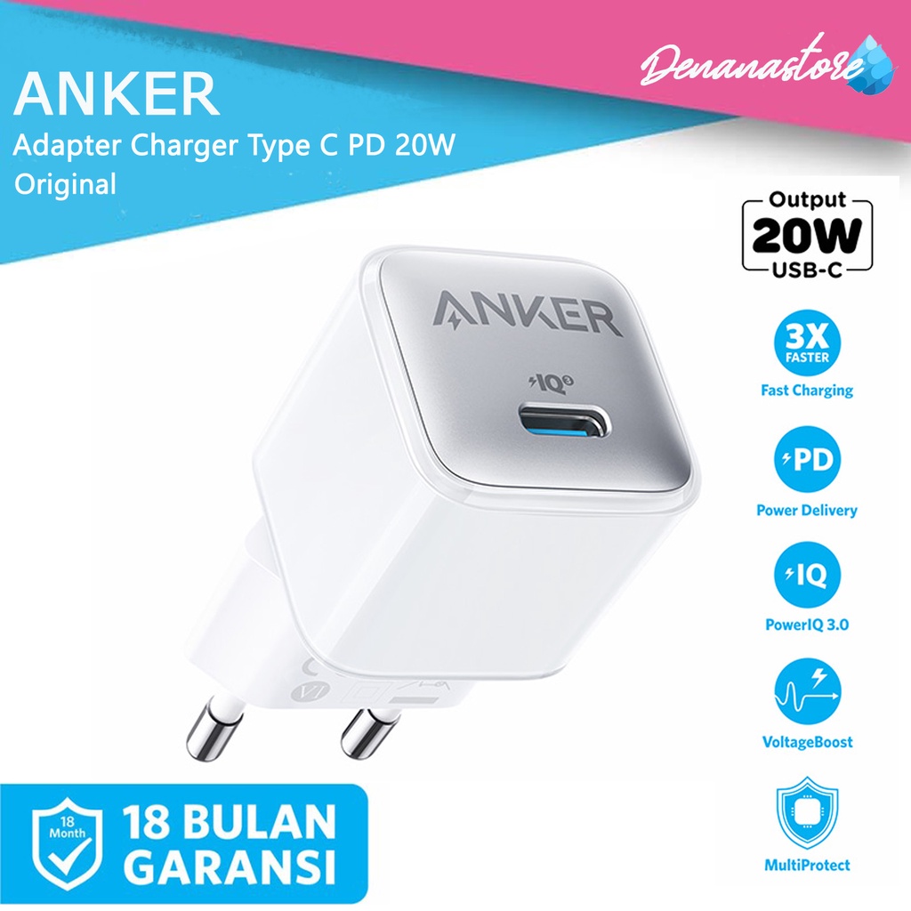 Anker Wall Charger PowerPort Nano Pro Kepala Charger Type C PD 20W Original Adapter Handphone Fast C