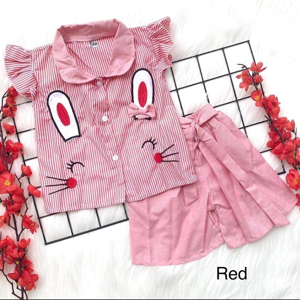 Baju setelan kemeja celana gambar kelinci lucu fashion anak bayi cewek perempuan murah -kem