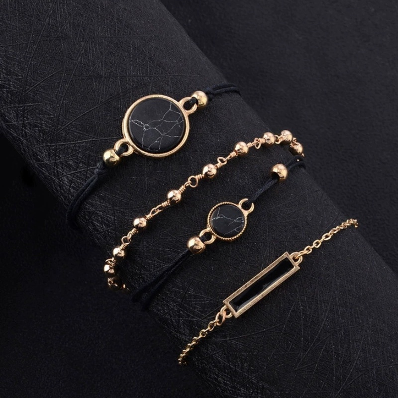 [4 Pcs] Sederhana Hitam Bohemian Persegi Lingkaran Geometri Rantai Gelang Set Hadiah Elegan