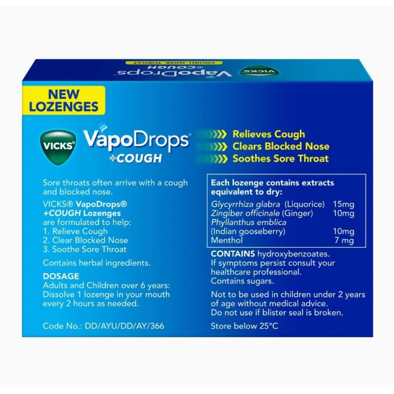 Vicks VapoDrops +COUGH Honey Lemon Menthol 16 Lozenges