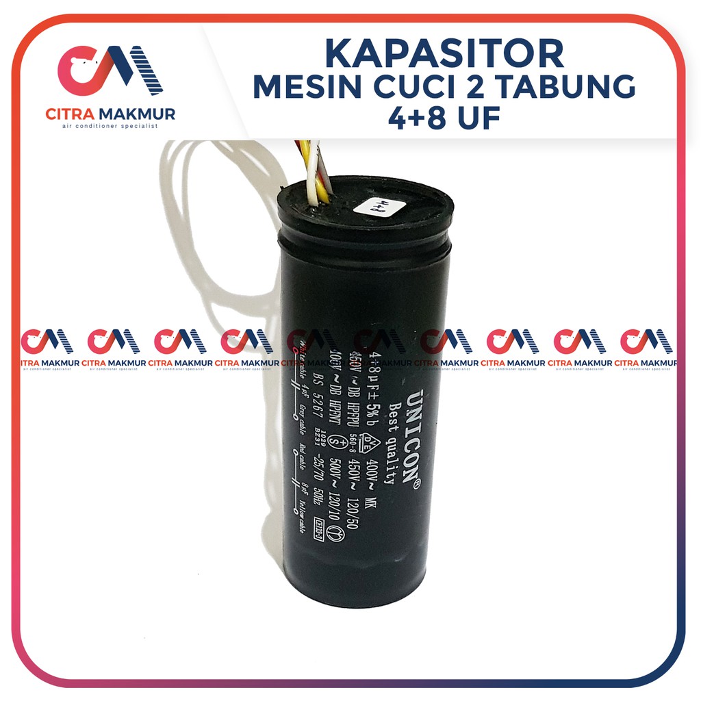 Kapasitor Mesin Cuci 2 tabung 4 uF dan 8 uF Washing Machine Capasitor 4 kabel 4+8 mikro