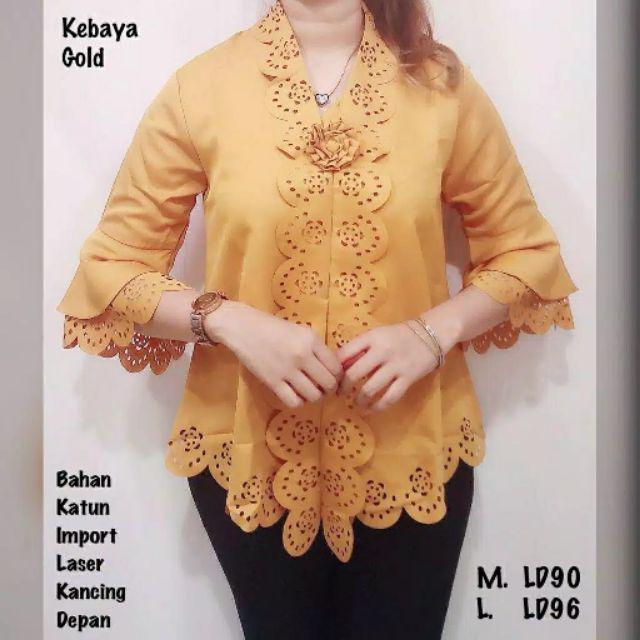 Kebaya Encim Modern Laser Katun Import FB Terompet tangan panjang-Gold
