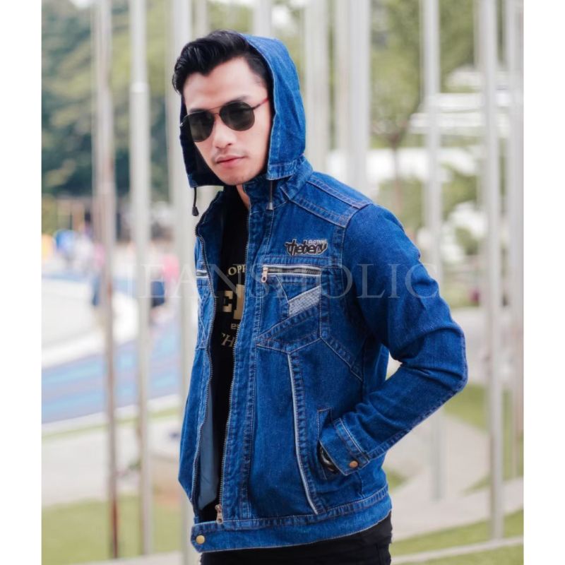 TBJ03 DARK BLUE - TOURING JAKET JEANS HOODIE TB REGULER, JAKET BIKERS PRIA, JEANS HOODIE COWOK, JEAN