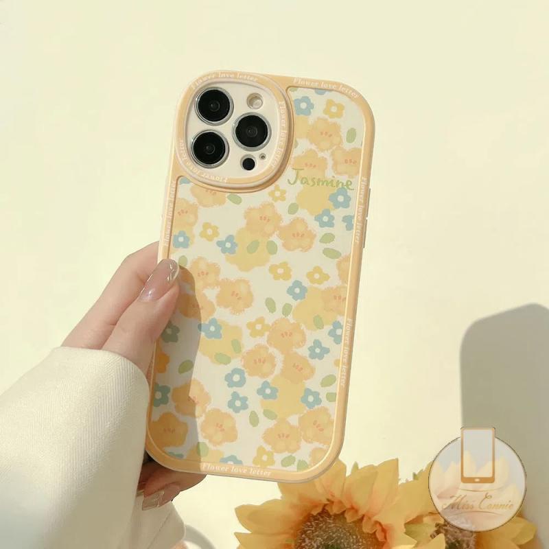 IPHONE Ins Fashion Retro Bunga Kuning Casing Ponsel Kompatibel Untuk Iphone11 7 8 Plus 12 13 11 14 Pro Max X XR XS Max 6 6s 7Plus 8Plus SE 2020 Plus Perlindungan Lensa Oval TPU Lembut Full Cover