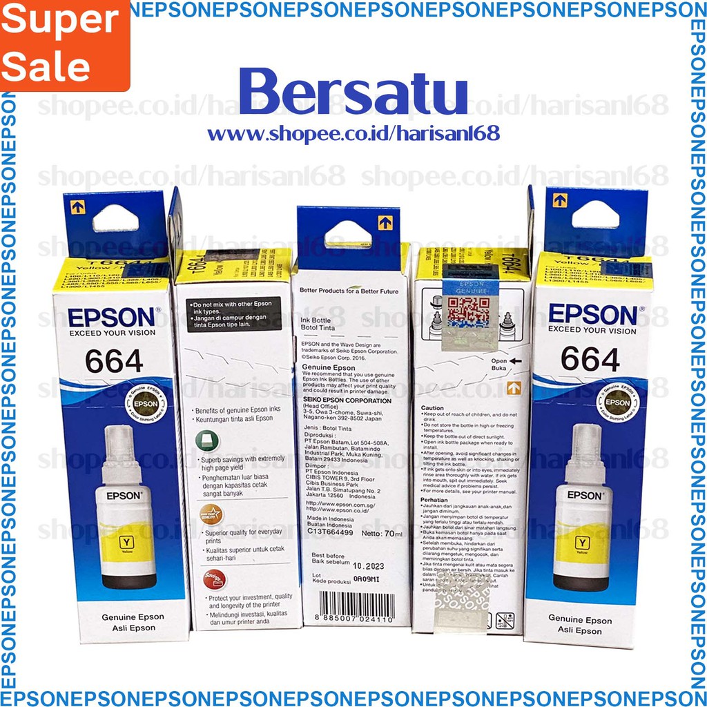 Tinta Epson 664 L100 Ori T664 ∭ 6641/6642/6643/6644 Black/Cyan/Magenta/Yellow ♖ L0 SF Q1