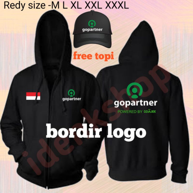 sweater jaket goparnert gojek terbaru resleting menggunakan bordir full  free topi