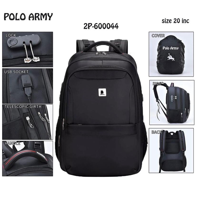 Polo Power Tas Ransel Pria 20 inc Jumbo Size Backpack Expanding USB Portable  + Keylock Tas Laptop Kunci Tas Polo Big Size Original Ransel Travel Import