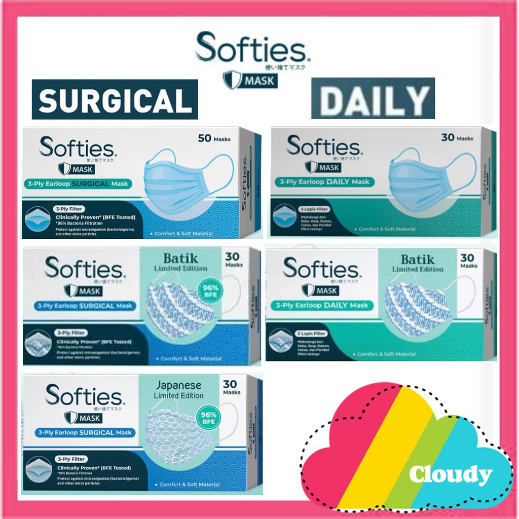 Masker Softies Daily Surgical Medis 30 mask polos motif hijab headloop