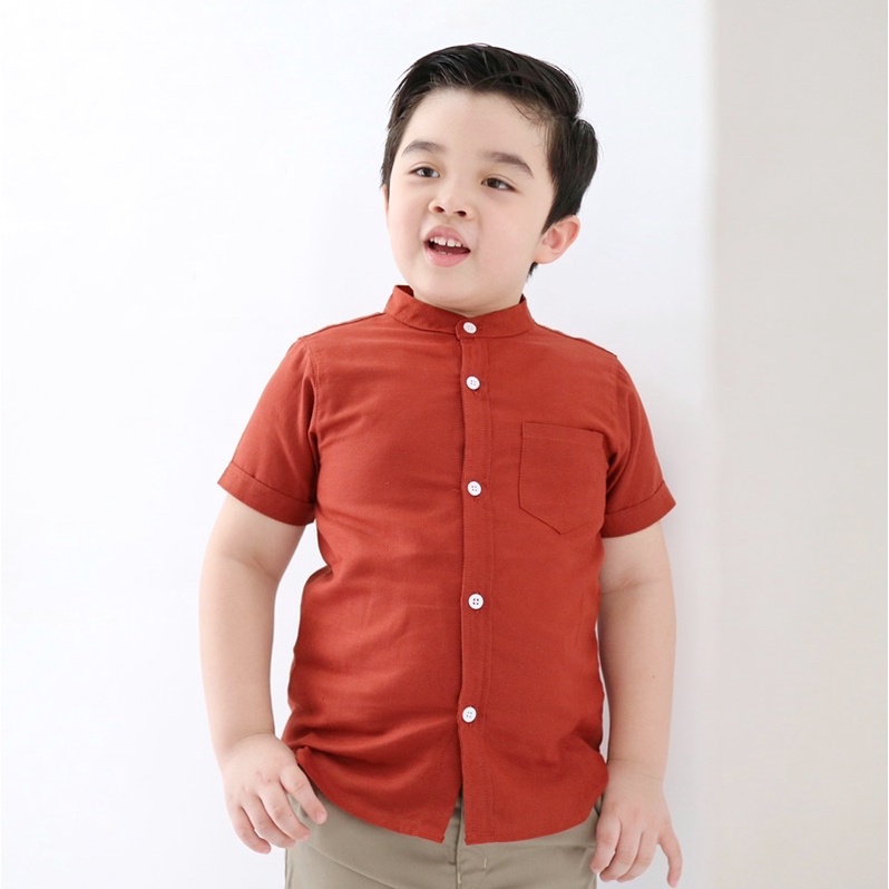 Yobebee Kemeja Linen Anak Laki Laki Tangan Pendek Usia 2 3 4 5 6 Tahun Baju Atasan Kids Polos Model Casual Formal Baju Koko Muslim Chiangi Shirt Couple Kembaran Anak Cowok dan Ayah