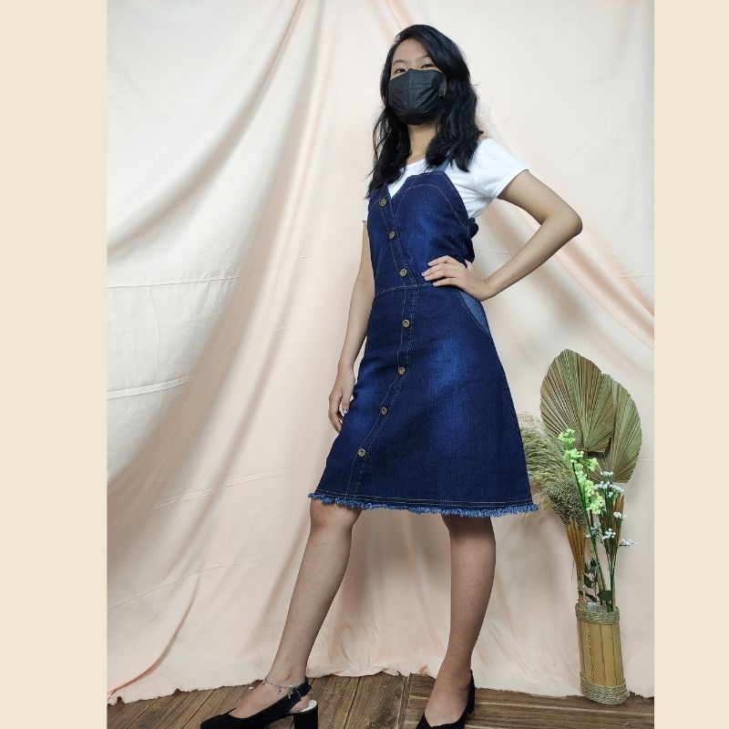 SB Collection Overall Dress Midi Andini Pendek Jeans Jumpsuit Wanita Biru Muda dan Tua