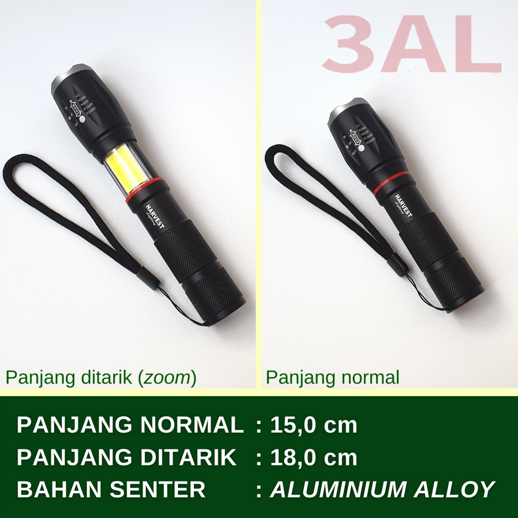 Lampu Senter LED T6 COB Cree HARVEST LIGHTING Flashlight Flash Light Lampu Samping Rechargeable Bergaransi