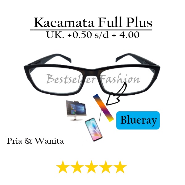 KACAMATA BACA FULL PLUS UK. +0.50 S/D +4.00 ANTI RADIASI KACAMATA RABUN DEKAT HITAM PERSEGI PANJANG BLUERAY NOCASE