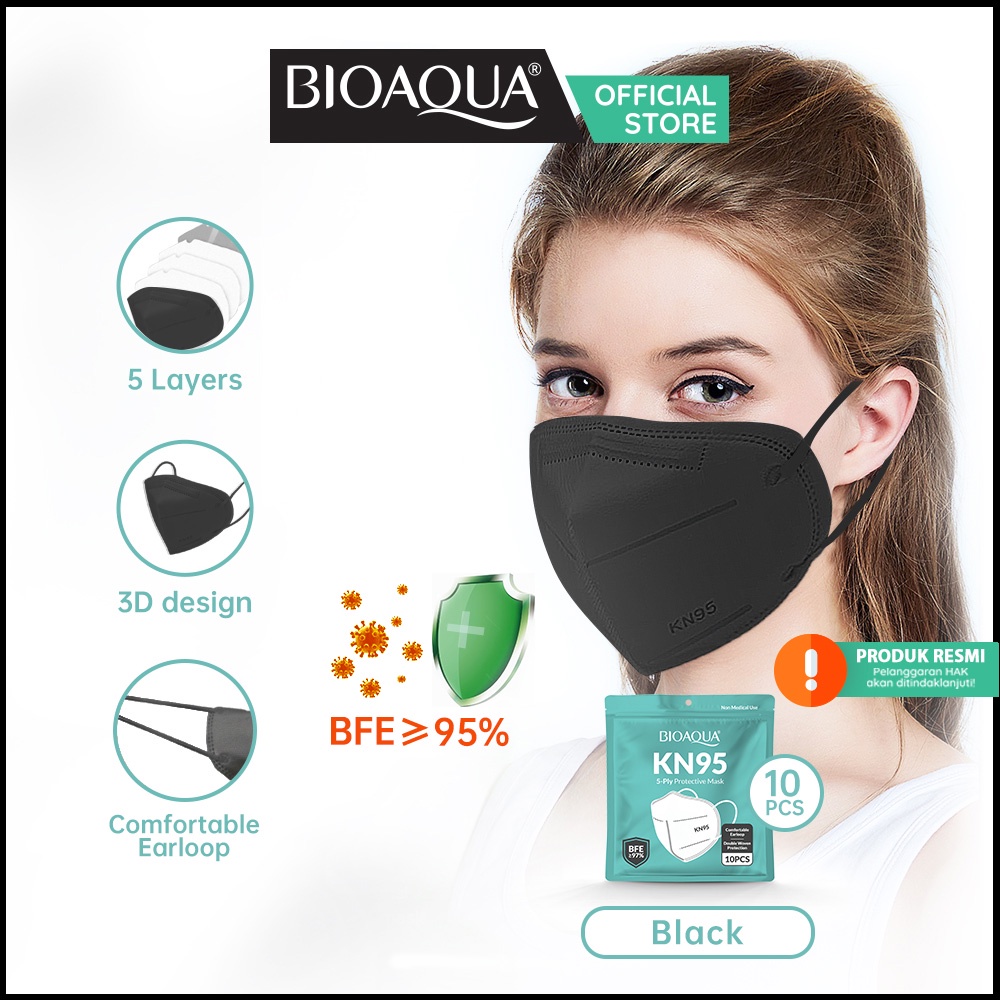 BIOAQUA x SHUMU Masker N95 KN95 6Ply Disposable Earloop Masker Kesehatan Face Mask Kf94-BA KN95 Black 10pcs
