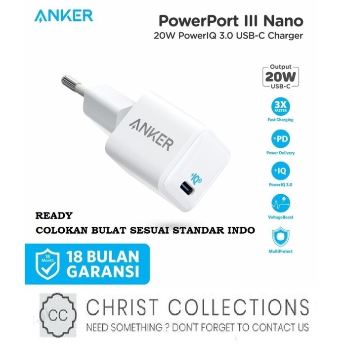 ANKER KEPALA CHARGER 20W FAST CHARGING PORT TYPE C IPHONE 12 & ANDROID - PUTIH-20WATT