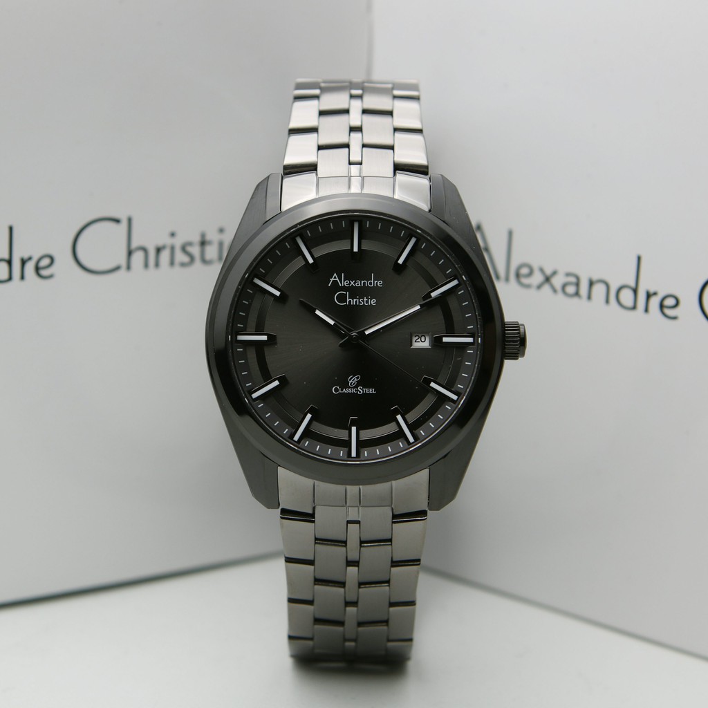 Jam Tangan Pria Alexandre Christie AC 8637 MD BEPBA Full Black dial Grey Stainless Original