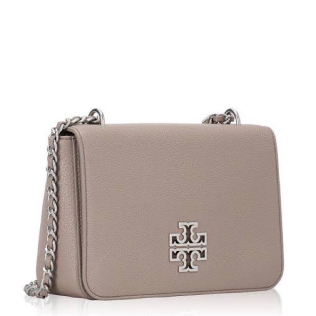TORY BURCH Britten Leather Adjustable Shoulder Bag French Gray Silver TB