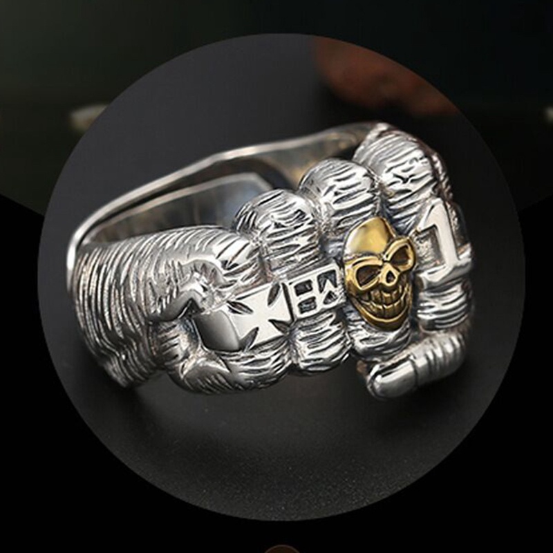 Fancyqube Cincin Jari Telunjuk Desain Tengkorak Smiley Bahan Perak Thailand Gaya Retro Eropa Amerika Untuk Pria