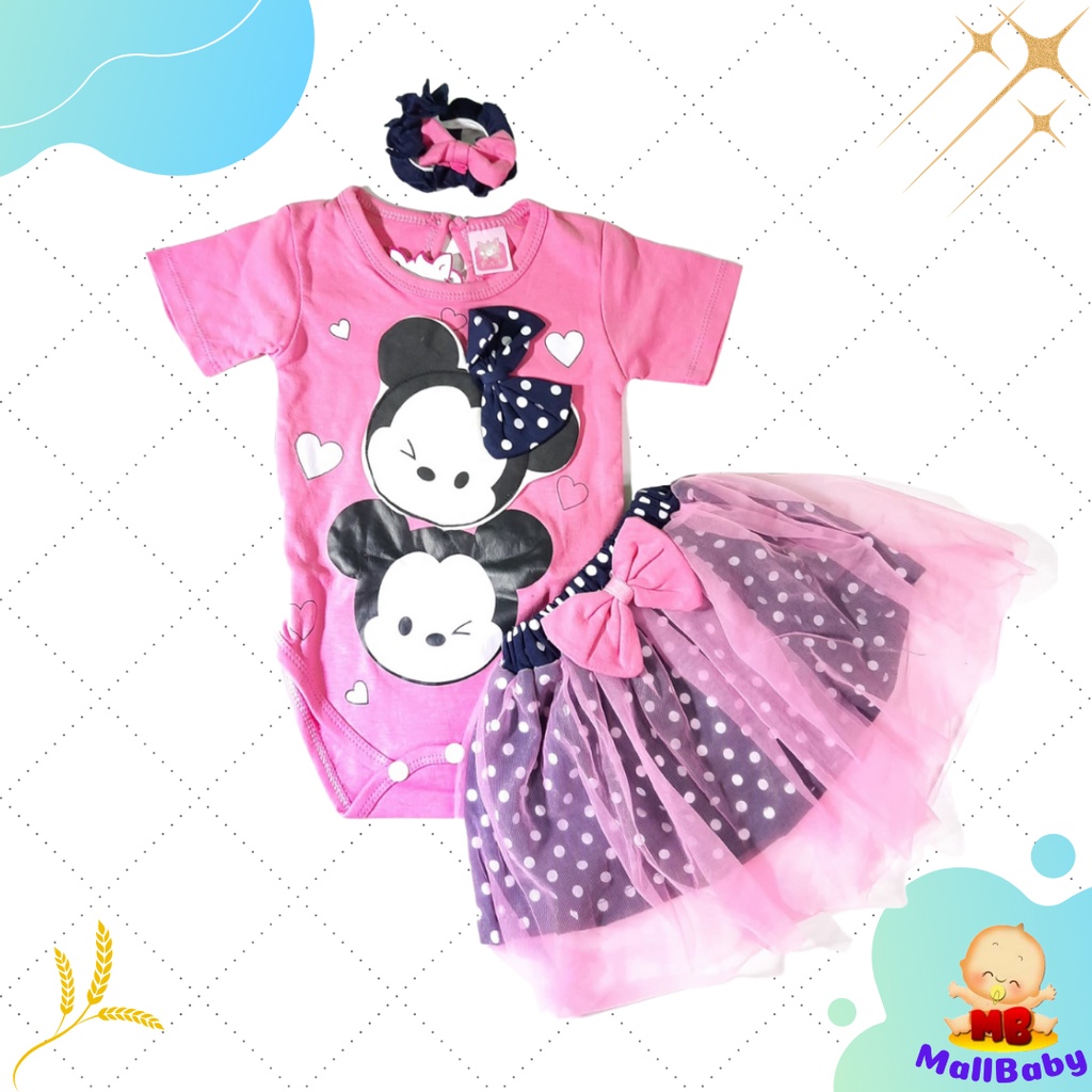 Baju Bayi Perempuan 0-6 Bulan Setelan Jumper Bayi Perempuan Lucu Set Bandana Rok Tsum Tsum