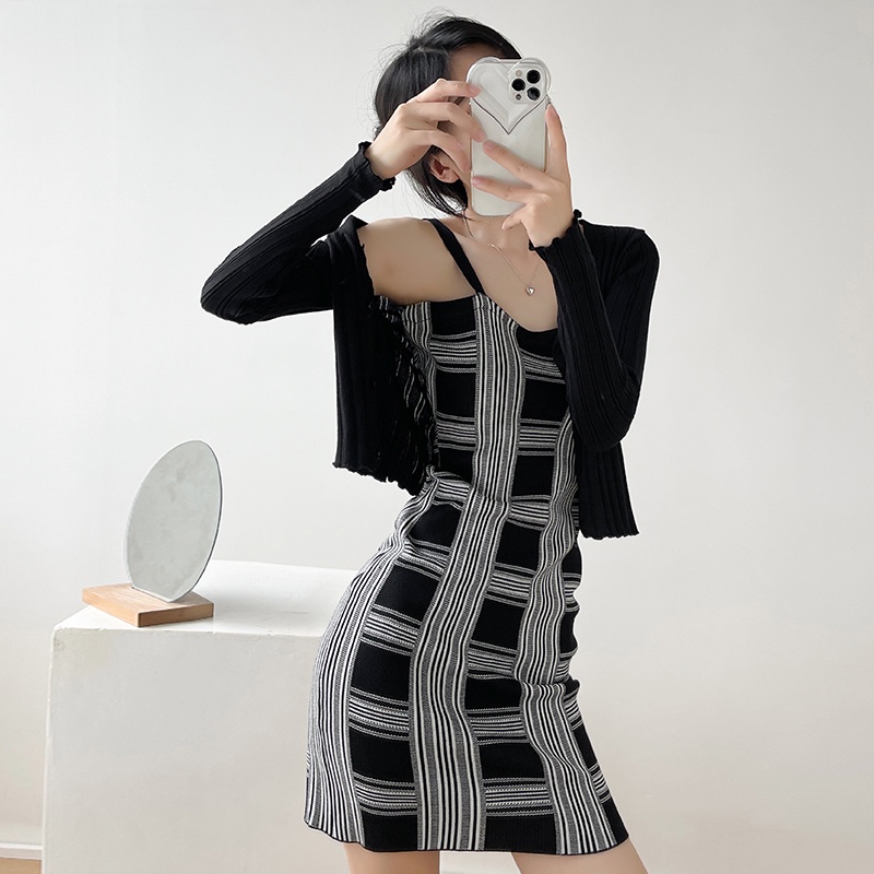 【Elegant】Korean  Checkerboard Plaid Knit Sleeveless Mini Dress 7488