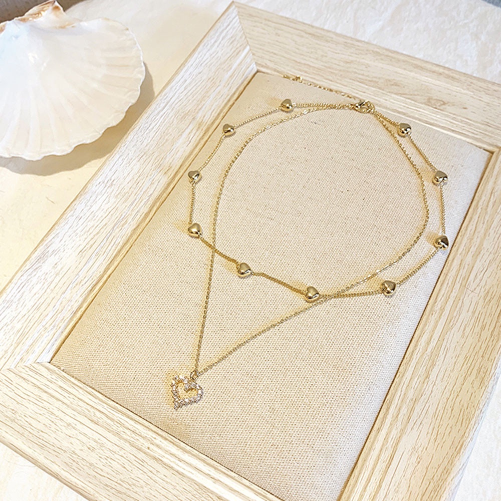 【MHANG】Fashion Korea Penuh Berlian Cinta Kalung Wanita Rantai Klavikula Logam Multi-lapis Sederhana Ceruk