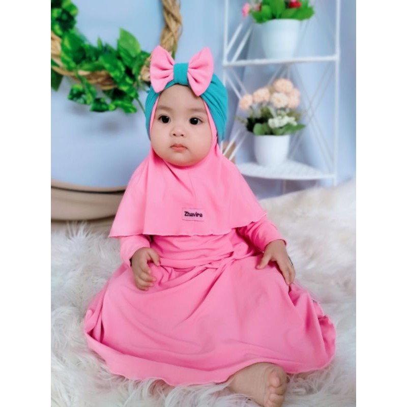 Gamis Polos Zhavira - Pink Turban Biru Wardah - Gamis Bayi Balita Anak Perempuam