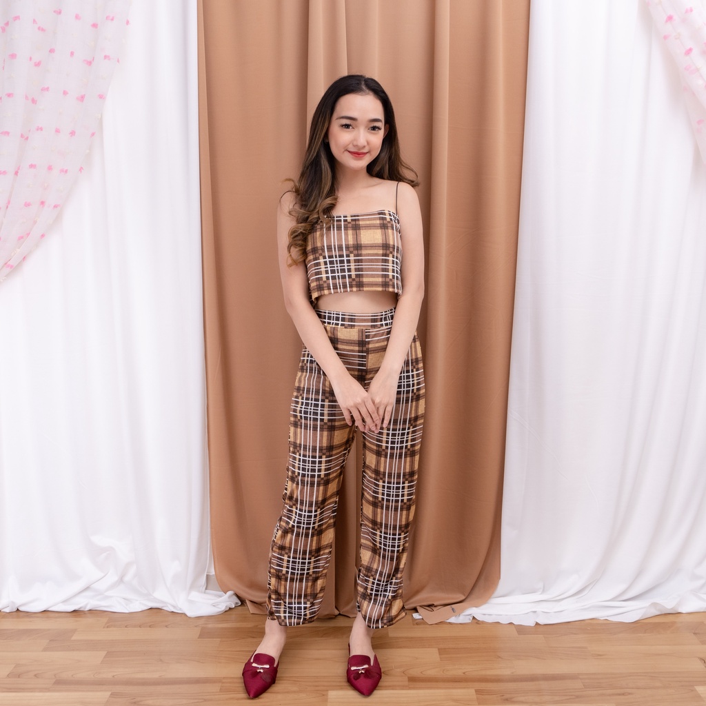 Set Honey Wanita Korean Style | Set TankTop Kotak Guilen Terkini-HAKO COKLAT