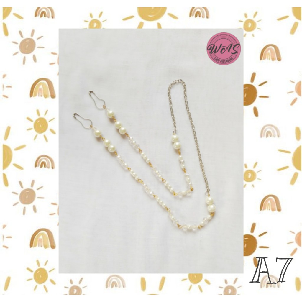 Strap Masker / Mutsin 8mm /  Mutiara sintesis / Handmade / Mutiara putih / Kristal Putih