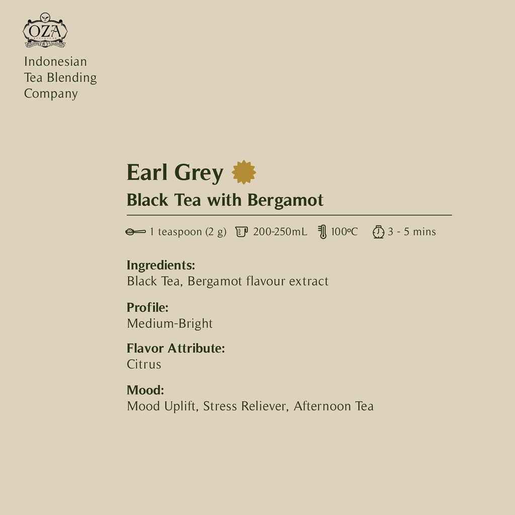 

OZA Tea - Earl Grey Artisan Tea - Black Tea Specialty Grade Teh Premium 40 gram (20 cups)