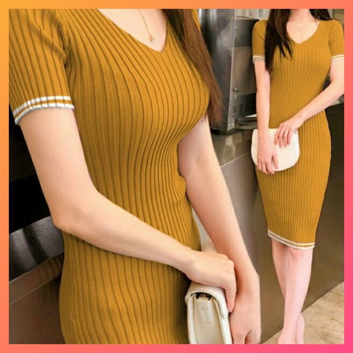 Dress Kerah V List BG9 / DRESS / TERUSAN / DRESS RAJUT WANITA KOREA / BODYCON / MURAH / BEST SELLER