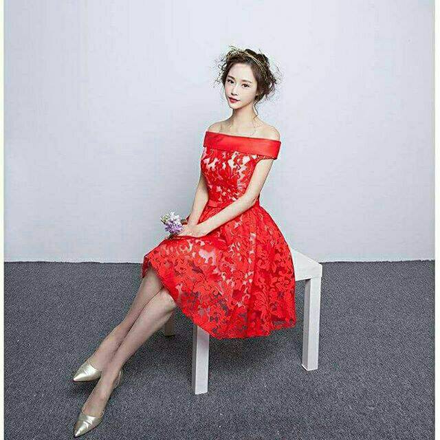 Dress brukat alisa merah terusan pesta red Model Korea