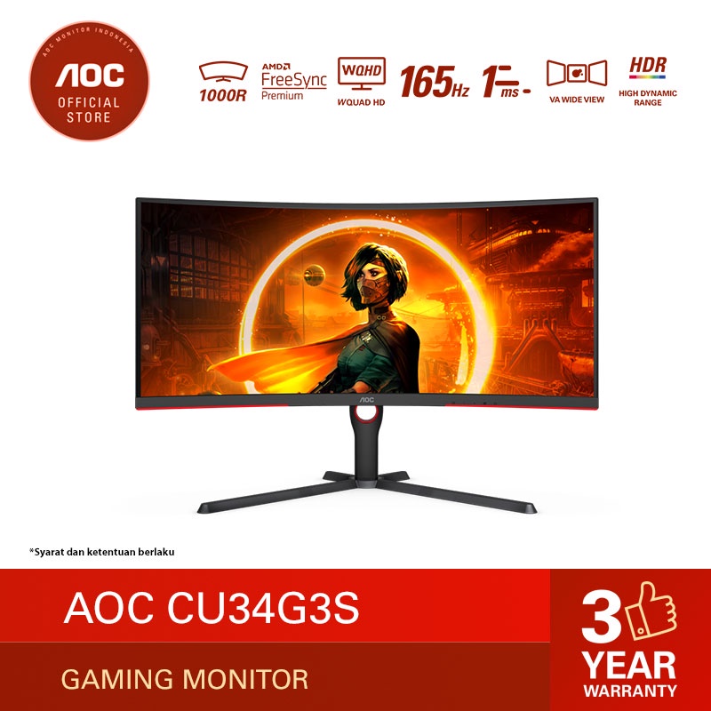 AOC CU34G3S Adaptive Sync Curve Gaming Monitor (34&quot;/VA/1ms/165Hz/WQHD)