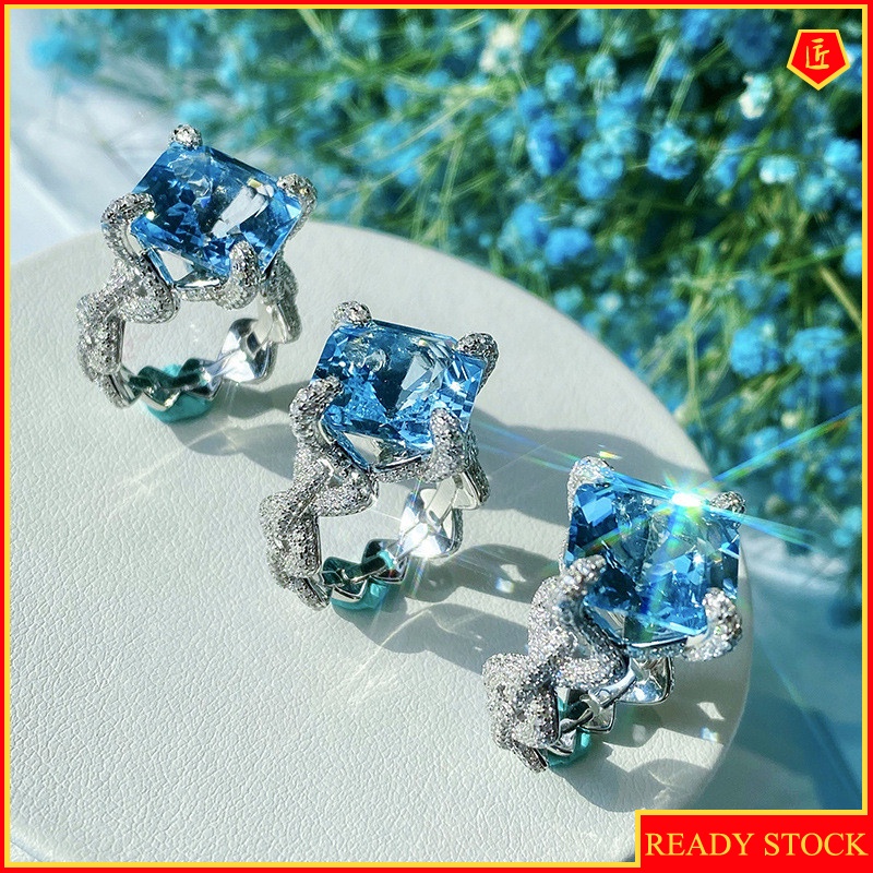 [Ready Stock]Charming Luxury Inlaid Natural Aquamarine Topaz Ring Women