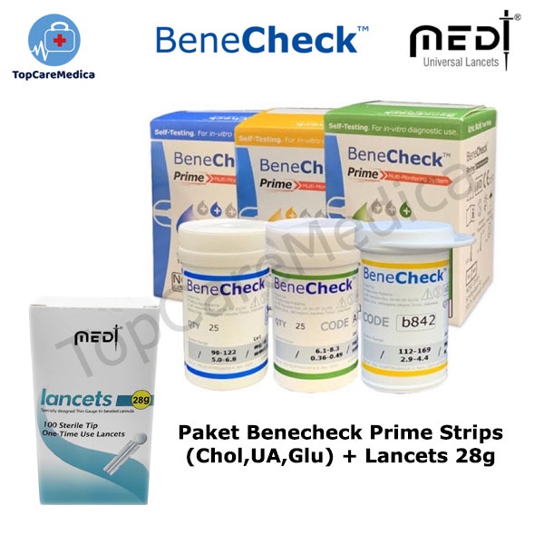 Paket Benecheck Prime Strips (Chol,UA,Glu) + Lancet 28g