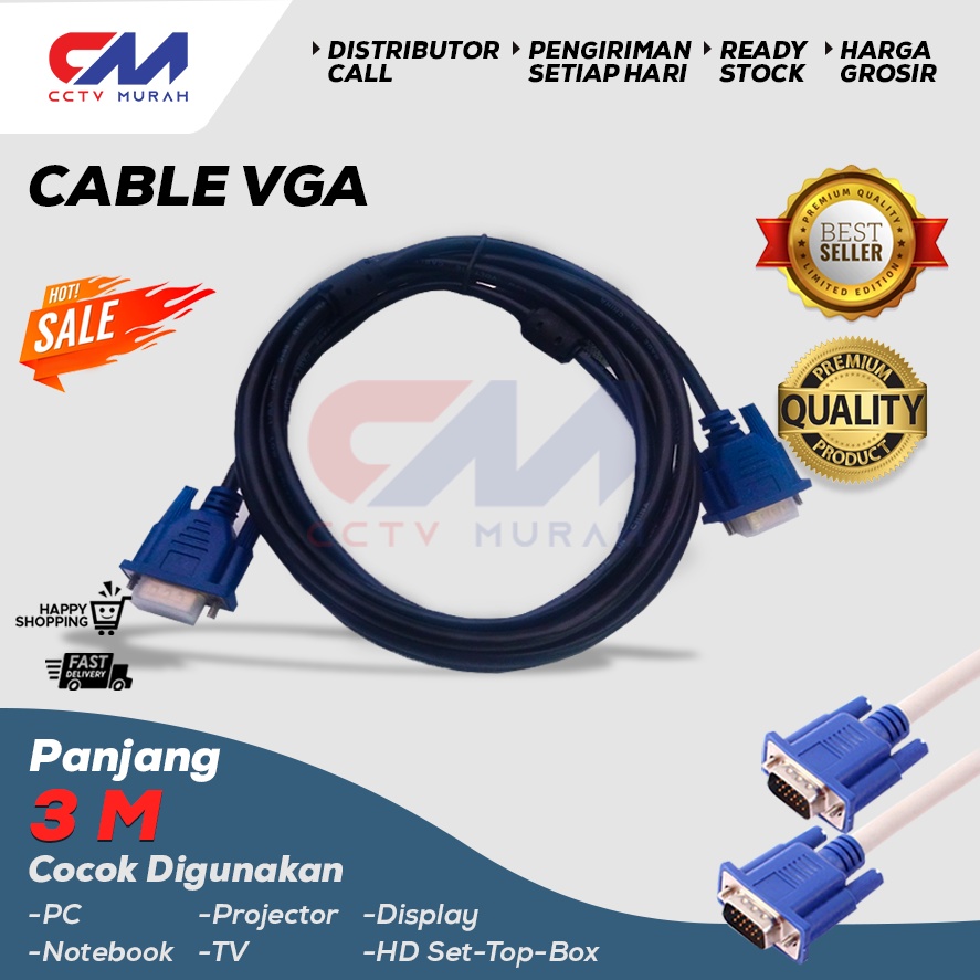 Kabel VGA Thunderin VG-003 Biru - Panjang 3 Meter