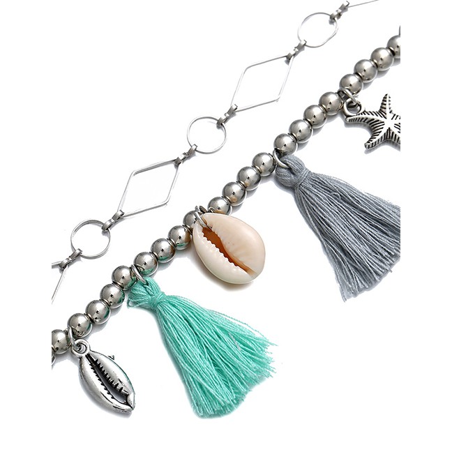 LRC Gelang Kaki Fashion Silver Geometric Metal Shell Starfish Tassel Anklet 2 Piece Set F74539