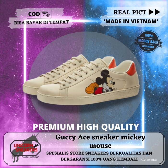 Sepatu Wanita Gucci Ace Sneaker x Disney Mickey Mouse Casual White Sneakers Cewek Sneaker Fashion Im