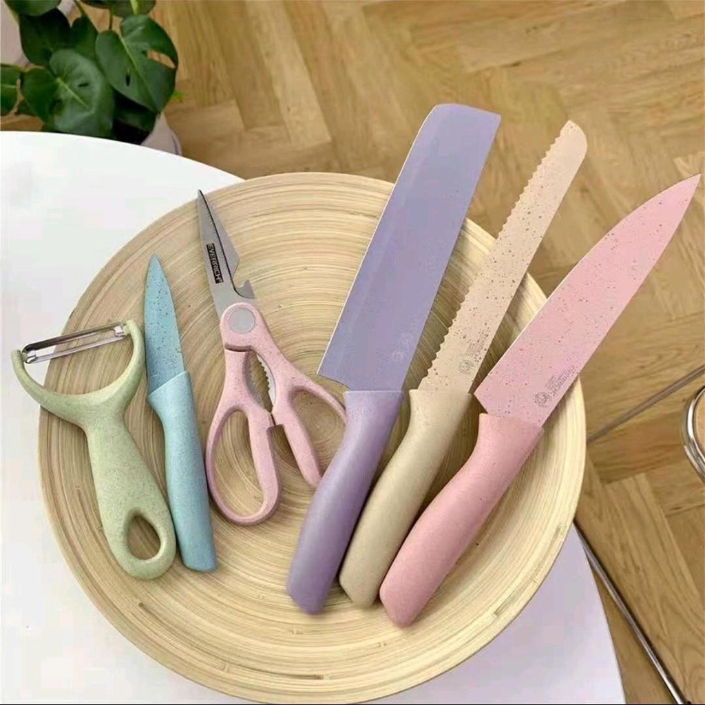 BET SELLER Pisau Dapur Set isi 6pcs  Multicolor Pisau set AWET Serbaguna Ada 3 Varian pisau Kitchen Set TERMURAH COD