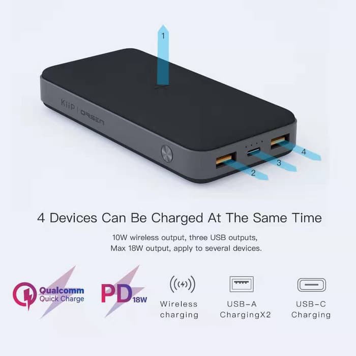 KiiP Wireless Power Bank 10W Fast Charging PD&amp;QC 3.0 18W 20.000mAh