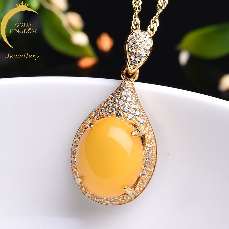 Kalung Lapis Emas Emas Asli Kadar 375Hias Liontin Giok Ayam Kuning Amber Beeswax Topaz Chalcedony Untuk Wanita