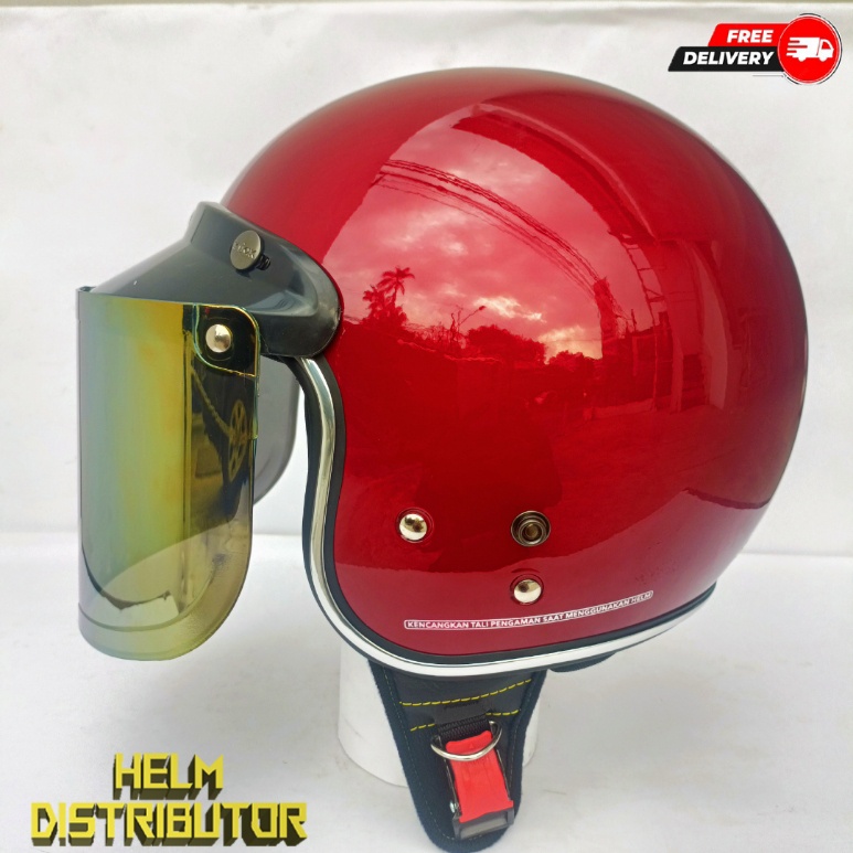 HELM BOGO RETRO KUALITAS PREMIUM LIS CHROME KACA DATAR FULL LEHER SNI DEWASA PRIA WANITA (COD)